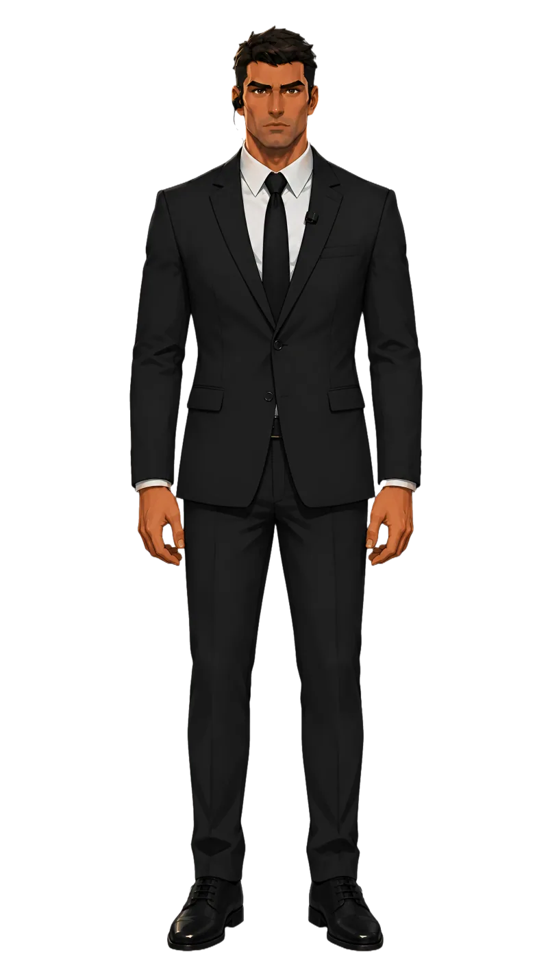 Alessio from Blood & Devotion in black security attire