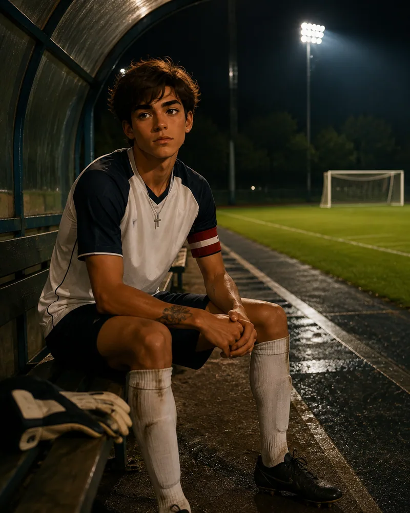 Diego Cortez is sitting on bench staring at empty goal, wearing team away jersey untucked with captain's armband, goalkeeper gloves on ground beside him, away team bench sideline under stadium lights.