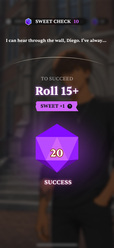Lunaverse Sweet Check success screen with a twenty-sided die